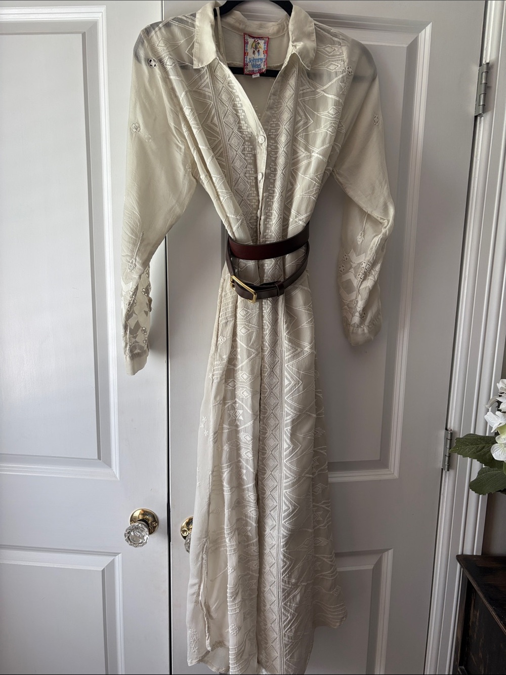 Johnny Was Cream Embroidered Maxi Dress with inner slip. Belt not included.